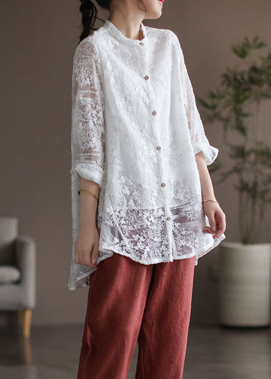 Stylish White Stand Collar Embroideried Patchwork Lace Shirt Tops Long Sleeve