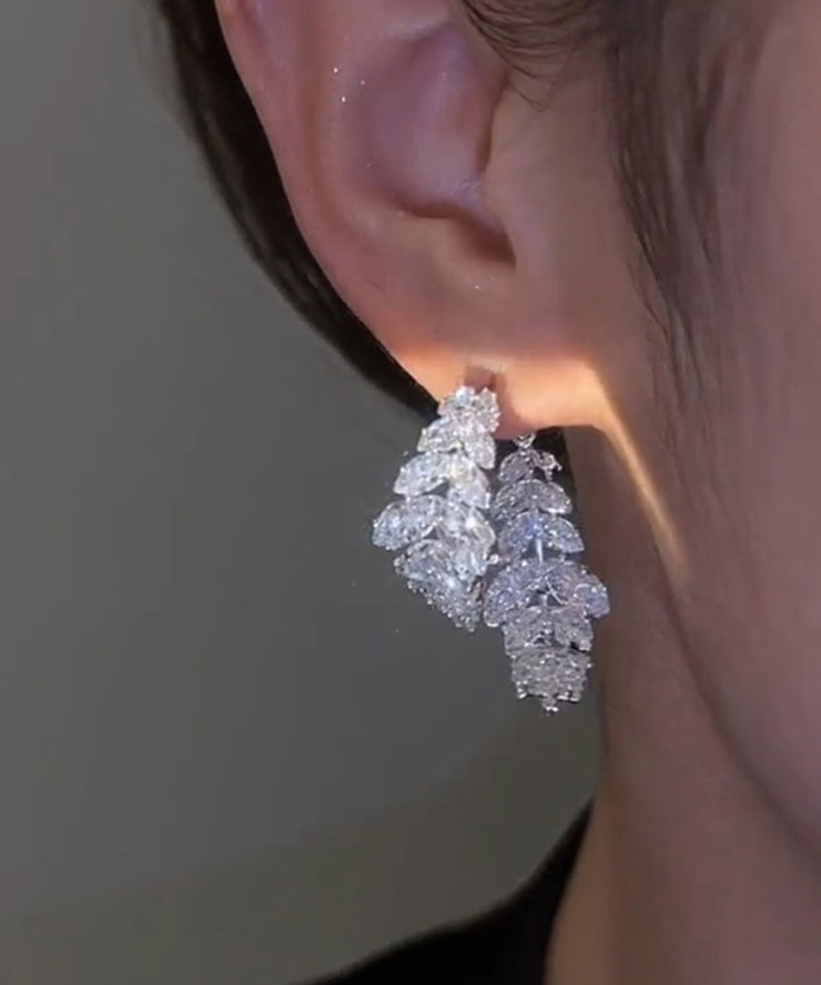 Stylish White Sterling Silver Alloy Zircon Leaf Hoop Earrings