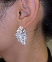 Stylish White Sterling Silver Alloy Zircon Leaf Hoop Earrings