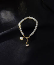 Stylish White Sterling Silver Alloy Zircon Pearl Shell Starfish Tassel Charm Bracelet