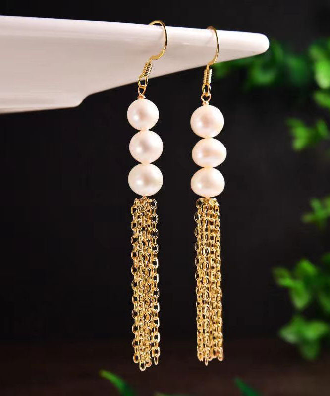 Stylish White Sterling Silver Overgild Pearl Tassel Drop Earrings