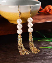 Stylish White Sterling Silver Overgild Pearl Tassel Drop Earrings