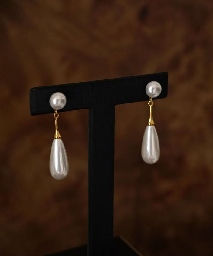 Stylish White Sterling Silver Pearl Water Drop Drop Earrings