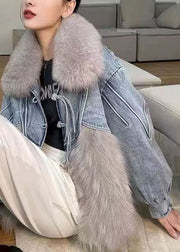 Stylish White Tasseled Denim Patchwork Fuzzy Fur Fluffy Coat Winter