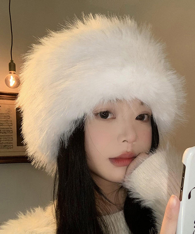 Stylish White Thick Warm Fuzzy Fur Fluffy Bonnie Hat