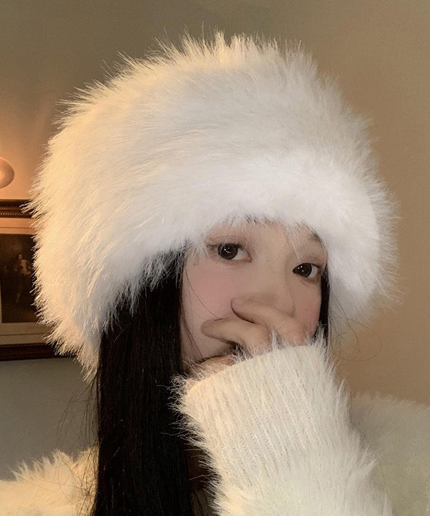 Stylish White Thick Warm Fuzzy Fur Fluffy Bonnie Hat