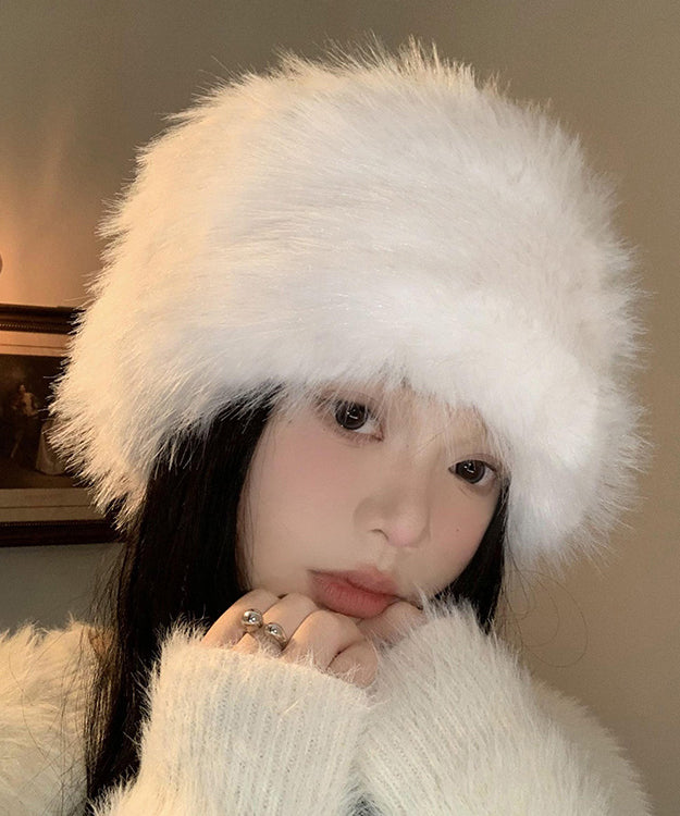 Stylish White Thick Warm Fuzzy Fur Fluffy Bonnie Hat