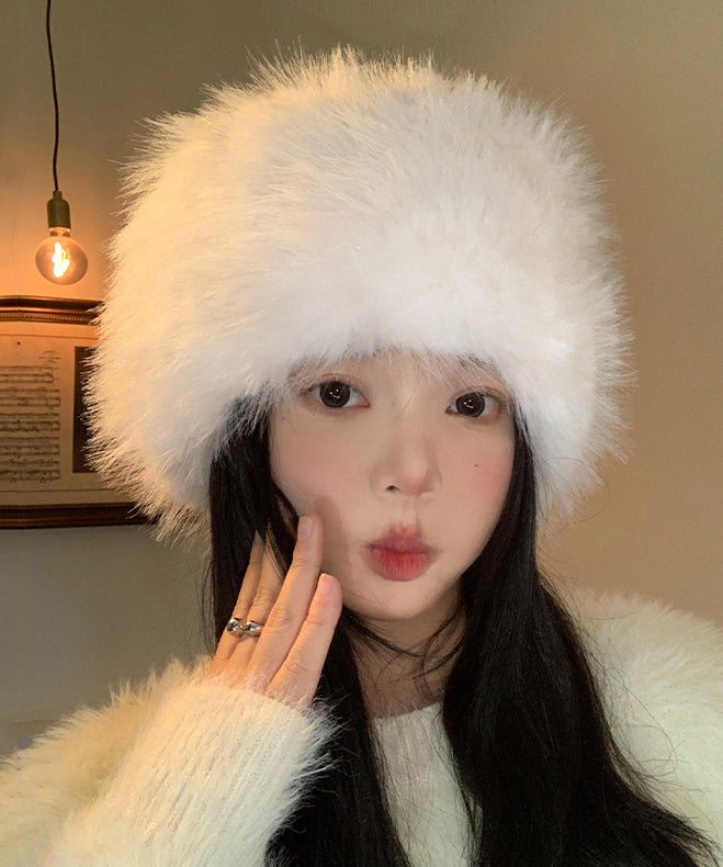 Stylish White Thick Warm Fuzzy Fur Fluffy Bonnie Hat