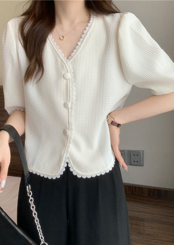 Stylish White V Neck Lace Patchwork Cotton Shirt Puff Sleeve