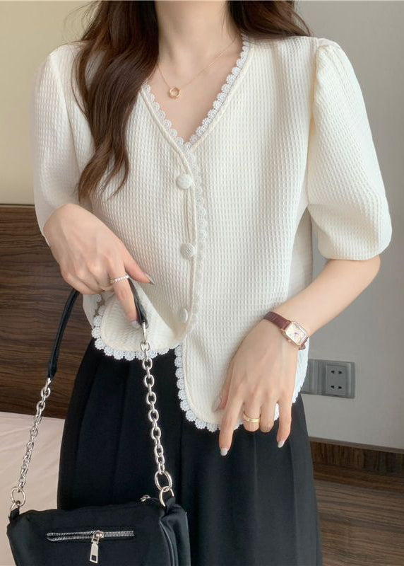 Stylish White V Neck Lace Patchwork Cotton Shirt Puff Sleeve