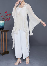 Stylish White V Neck Lace Up Flare Sleeve Chiffon Top Summer