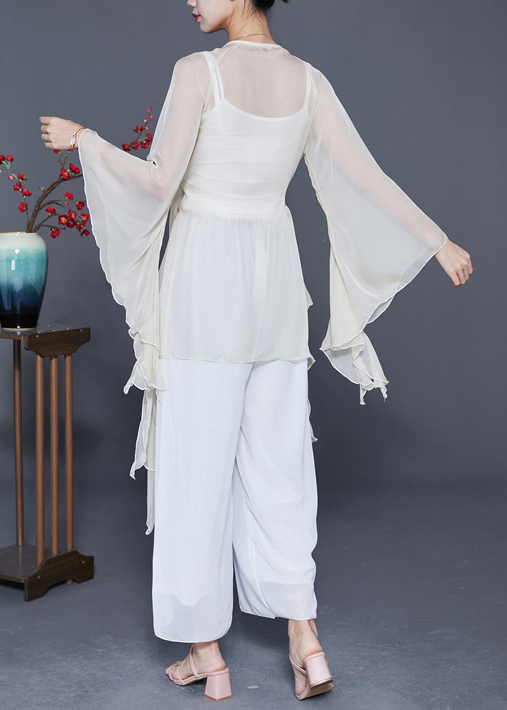 Stylish White V Neck Lace Up Flare Sleeve Chiffon Top Summer