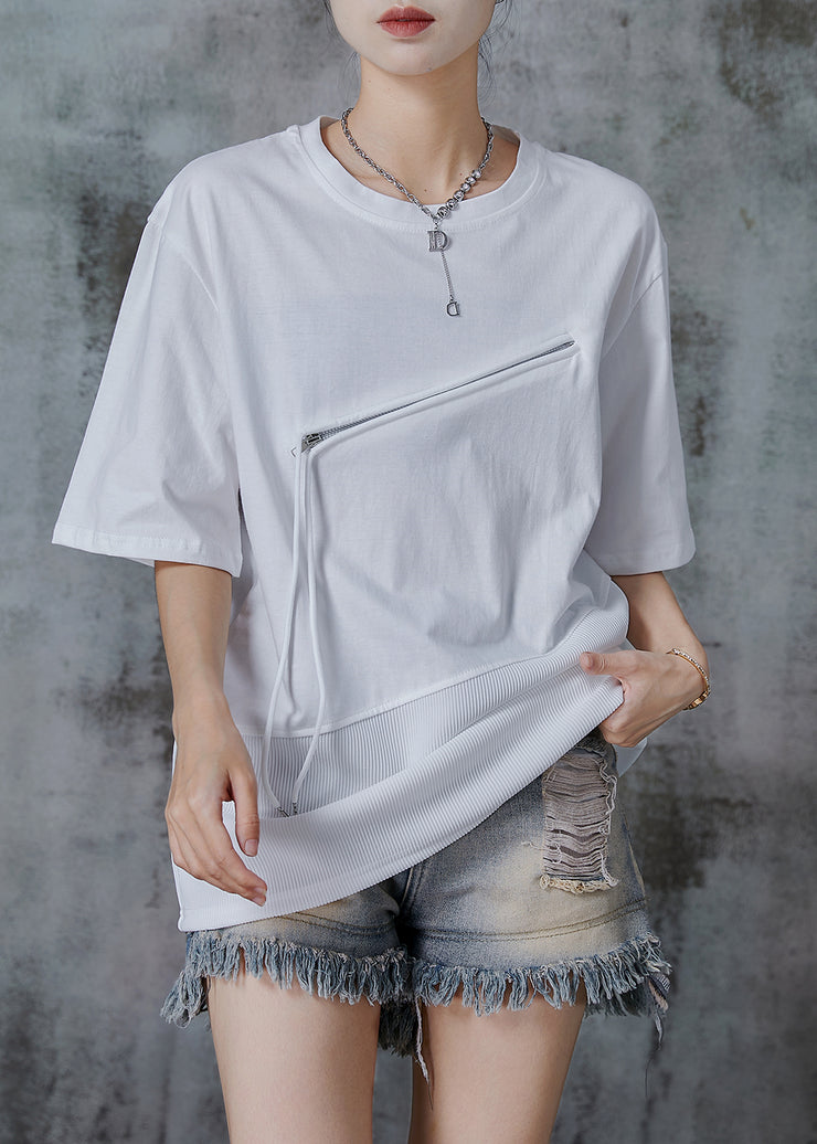 Stylish White Zip Up Patchwork Cotton Top Summer