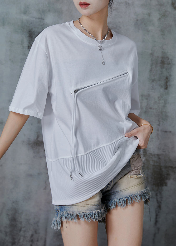 Stylish White Zip Up Patchwork Cotton Top Summer