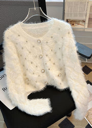 Stylish White Zircon Warm Fuzzy Fur Fluffy Cardigan Spring