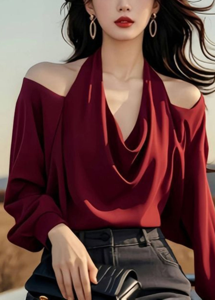 Stylish Wine Red Cold Shoulder Solid Original Design Tops Spring