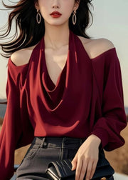 Stylish Wine Red Cold Shoulder Solid Original Design Tops Spring