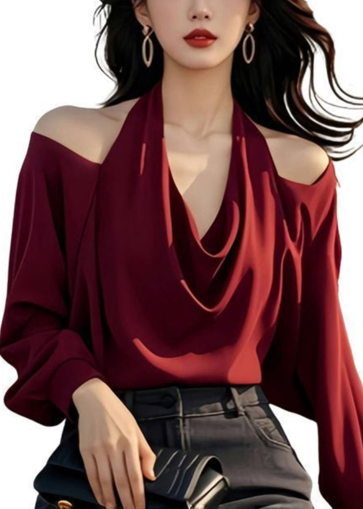 Stylish Wine Red Cold Shoulder Solid Original Design Tops Spring