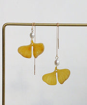 Stylish Yellow 14K Gold Pearl Ginkgo Leaf Tassel Drop Earrings