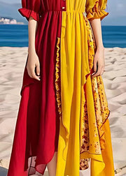 Stylish Yellow Asymmetrical Ruffled Chiffon Dresses Half Sleeve