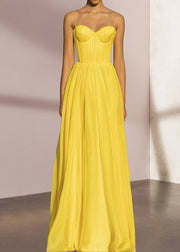 Stylish Yellow Backless Strapless Silk Spaghetti Strap Summer