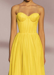 Stylish Yellow Backless Strapless Silk Spaghetti Strap Summer