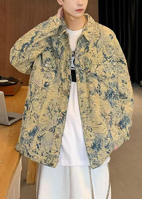 Stylish Yellow Button Tie Dye Mens Coats Fall