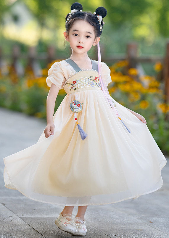 Stylish Yellow Embroideried Nail Bead Tassel Chiffon Kids Long Dresses Summer