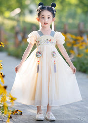 Stylish Yellow Embroideried Nail Bead Tassel Chiffon Kids Long Dresses Summer