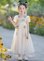 Stylish Yellow Embroideried Nail Bead Tassel Chiffon Kids Long Dresses Summer