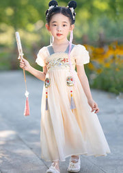 Stylish Yellow Embroideried Nail Bead Tassel Chiffon Kids Long Dresses Summer