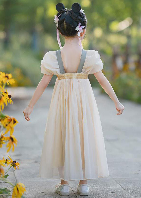 Stylish Yellow Embroideried Nail Bead Tassel Chiffon Kids Long Dresses Summer