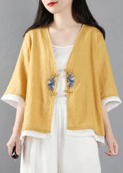 Stylish Yellow Embroideried Patchwork Cotton Tops Coats Summer