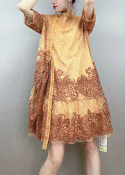 Stylish Yellow Embroidered Patchwork Tulle Mid Dress Summer