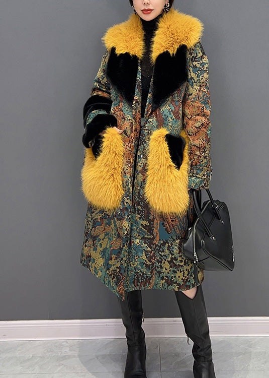 Stylish Yellow Fur Collar Print Button Mink Velvet Thick Coats Winter