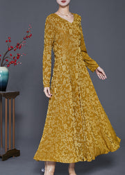 Stylish Yellow Jacquard Exra Large Hem Silk Velour Dress Spring