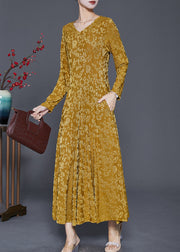 Stylish Yellow Jacquard Exra Large Hem Silk Velour Dress Spring