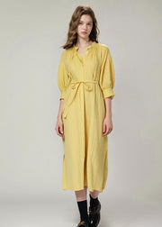 Stylish Yellow Lace Up Loose Cotton Shirts Dress Summer