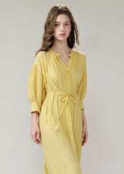 Stylish Yellow Lace Up Loose Cotton Shirts Dress Summer