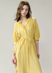 Stylish Yellow Lace Up Loose Cotton Shirts Dress Summer