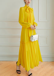 Stylish Yellow Lace Up Ruffled Patchwork Silk Long Dress Spring