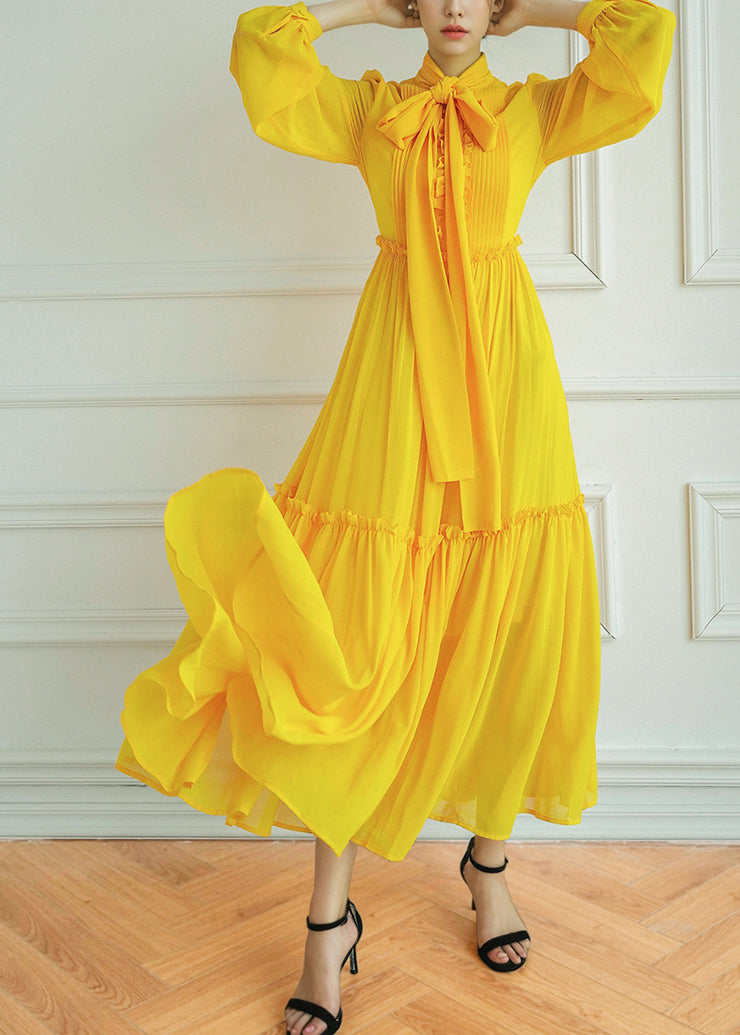 Stylish Yellow Lace Up Ruffled Patchwork Silk Long Dress Spring