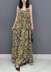 Stylish Yellow Leopard Patchwork Chiffon Spaghetti Strap Jumpsuit Summer