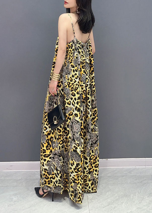 Stylish Yellow Leopard Patchwork Chiffon Spaghetti Strap Jumpsuit Summer