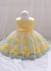 Stylish Yellow O-Neck Embroideried Floral Tulle Girls Long Dresses Summer