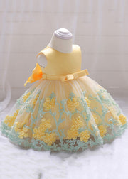 Stylish Yellow O-Neck Embroideried Floral Tulle Girls Long Dresses Summer