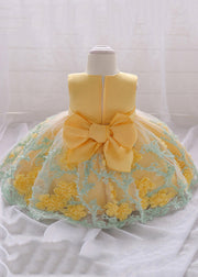 Stylish Yellow O-Neck Embroideried Floral Tulle Girls Long Dresses Summer