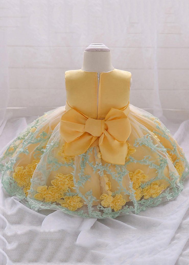 Stylish Yellow O-Neck Embroideried Floral Tulle Girls Long Dresses Summer