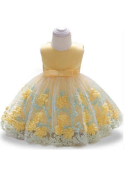 Stylish Yellow O-Neck Embroideried Floral Tulle Girls Long Dresses Summer