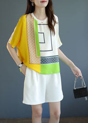 Stylish Yellow O Neck Geometric Print Chiffon Blouse Top Summer